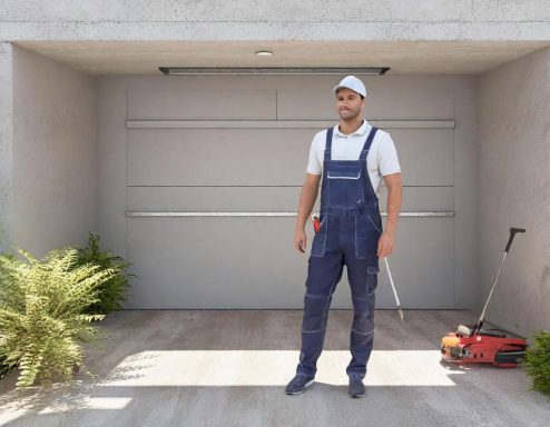Mann in Arbeitskleidung steht vor einer Garagentür mit Rasenmäher daneben.