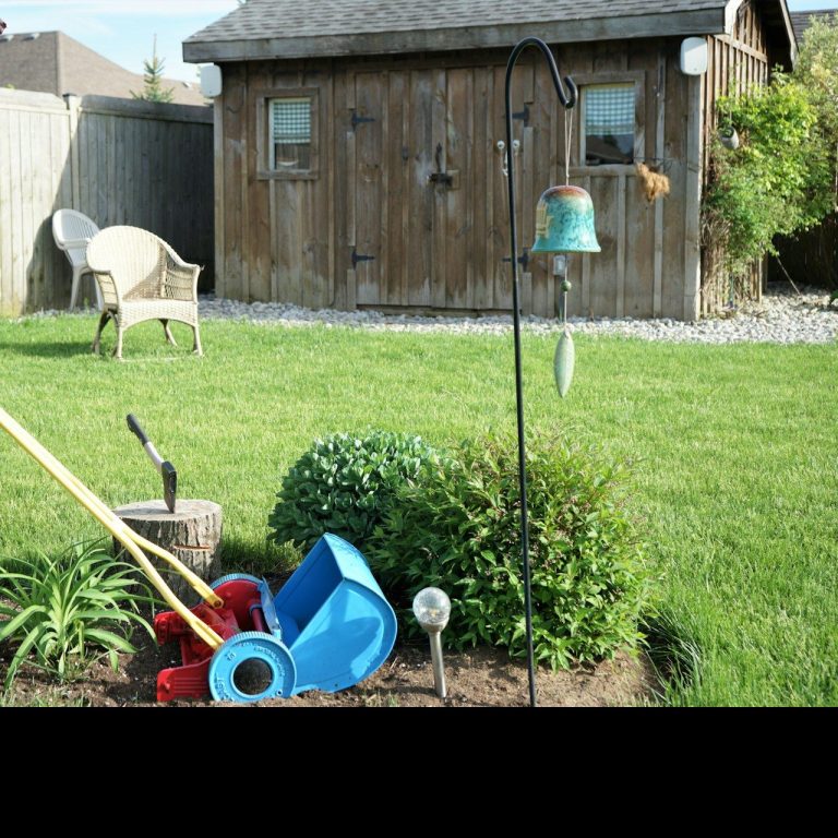 Ein Garten mit einer Holzschuppentür, Gartengeräten und einer gemütlichen Sitzgelegenheit.