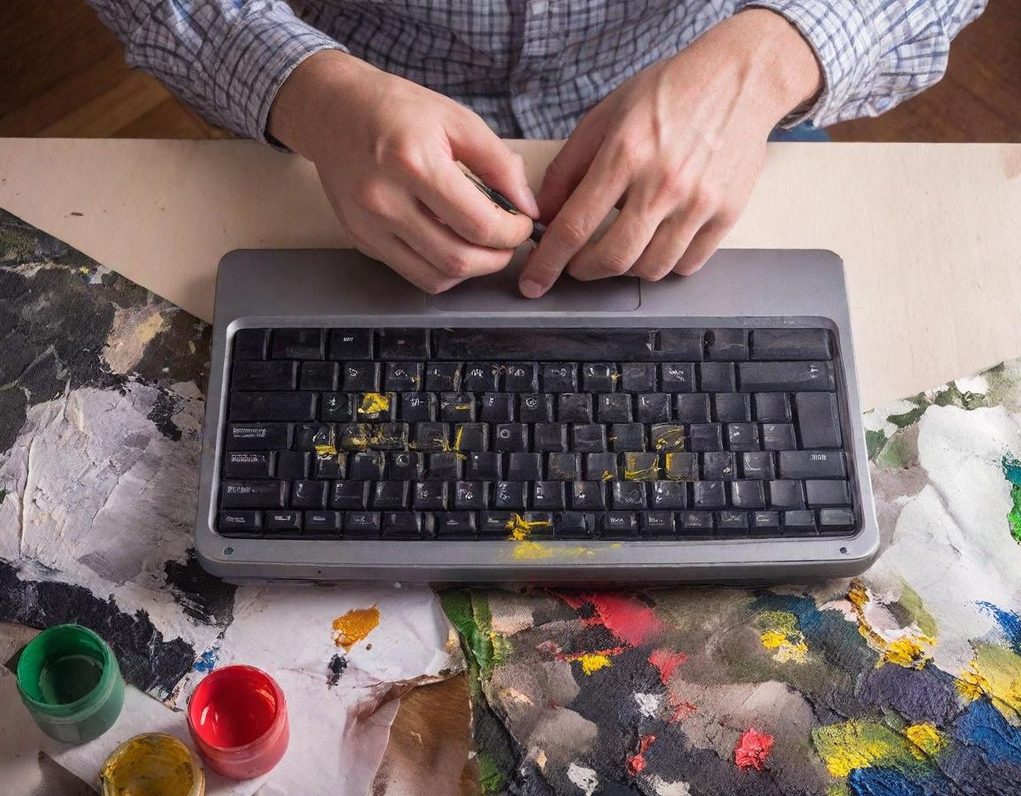 Hände über einer schmutzigen Tastatur, umgeben von Farbklecksen und einem Maluntergrund.