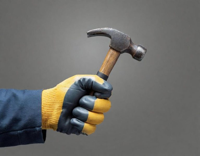 Hammer der in einer Hand gehalten wird Eine Hand mit einem Hammer, getragen von einem Handschuh mit blauen und gelben Farben.